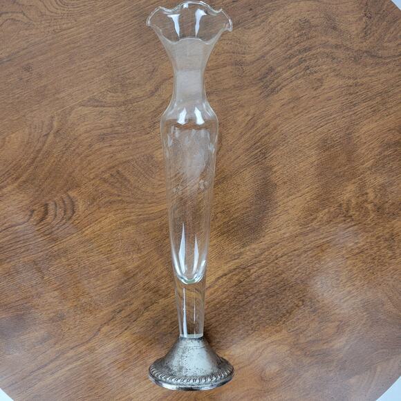 VINTAGE Duchin Creation Silver Etched Glass Bud Vase 10 Sterling Weighted Base - Picture 10 of 14